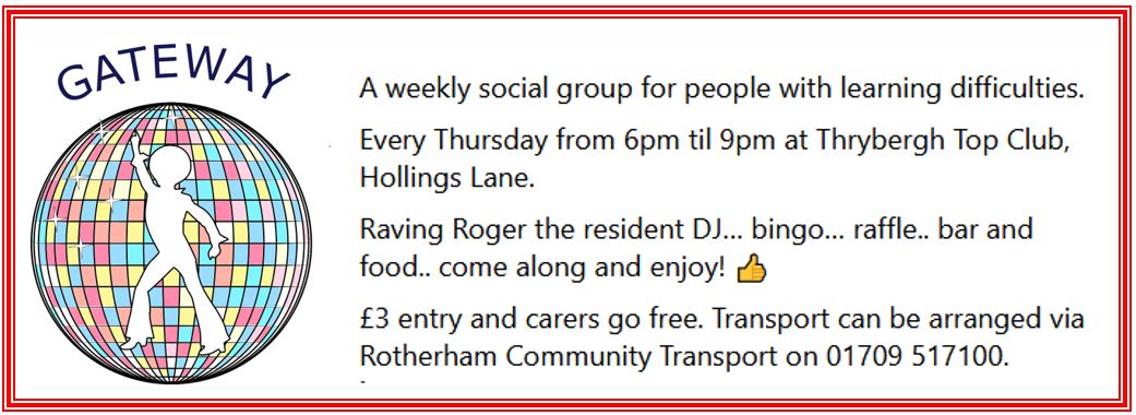 #thursdaynight is #funnight at Gateway
Weekly social with DJ Roger, disco, raffle, bar and food
6p- 9pm Thrybergh Top Club Hollings Lane, S65 4JE
#disco #dj #food #bar #goodcompany #learningdisabilities