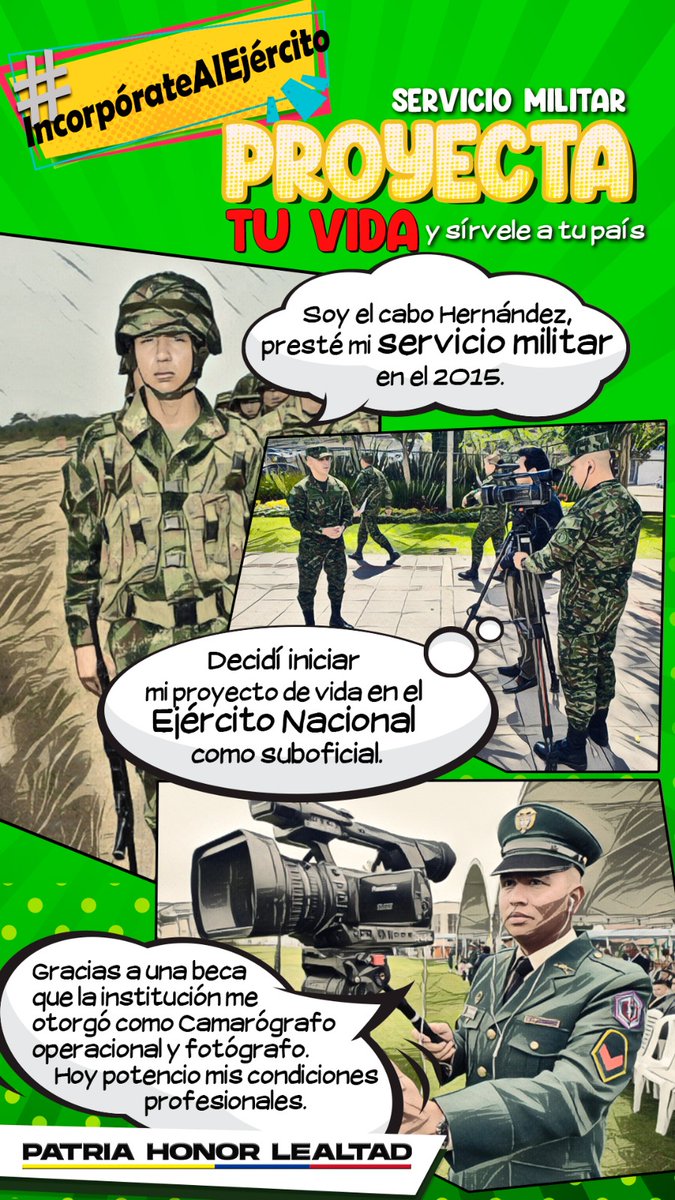 Hombres y mujeres colombianos, este es el momento de prestar el servicio militar en el @COL_EJERCITO. Podrán recibir una bonificación del 50 % de un salario mínimo legal mensual vigente (SMLMV) y muchos beneficios más. #IncorpórateAlEjército