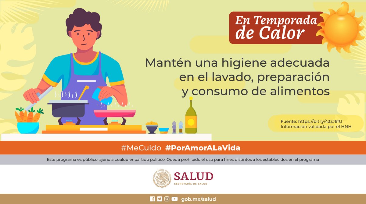 #EnTemporadaDeCalor 🔥☀

Evita comer en la calle, el calor favorece la descomposición de los alimentos.

👍🏼 Mejor prepara tus comidas en casa, y lávate las manos antes de la preparación de las mismas. 🧼💦👏🏼

Conoce más en ➡ bit.ly/3vUMu9X

#MeCuido #PorAmorALaVida