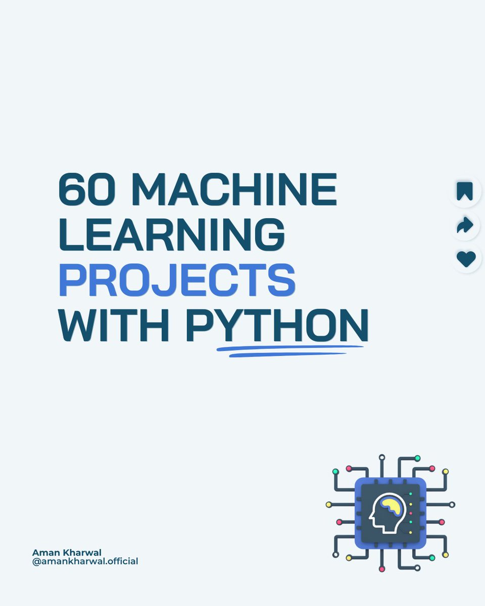 Master #MachineLearning. Here's a list of 60 Machine Learning projects with #Python you should try. Includes projects like:

End to End:
End to End Predictive Model
End to End Chatbot

Classification:
Classification on Imbalanced Data
Google Search Queries Anomaly Detection