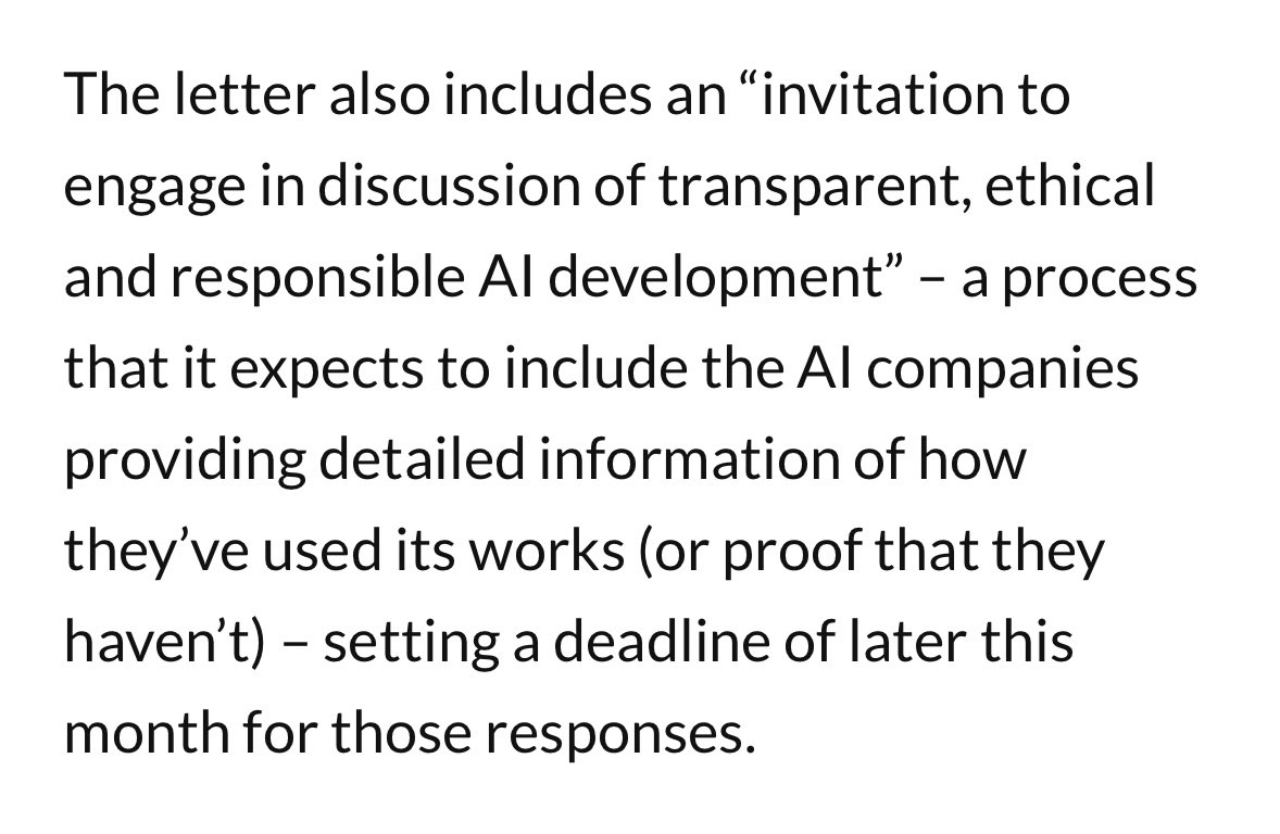 Sony Music today sent a letter to 700 AI companies demanding to know whether they’ve used their music for training. - They say they have “reason to believe” they have - They say doing so constitutes copyright infringement - They say they’re open to discussing licensing, and they