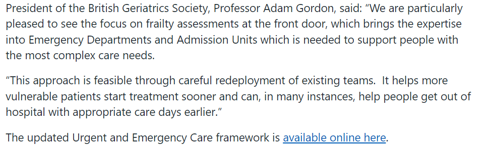 British Geriatrics Society (@gerisoc) on Twitter photo “We know that this, alongside initiatives such as a sustained commitment to reducing hospital handover delays, will lead to the improved wellbeing of our people""
BGS President <a href="/adamgordon1978/">Adam Gordon MBE</a> quoted in <a href="/NHSEngland/">NHS England</a> press release here england.nhs.uk/2024/05/nhs-pl… “We know that this, alongside initiatives such as a sustained commitment to reducing hospital handover delays, will lead to the improved wellbeing of our people""
BGS President <a href="/adamgordon1978/">Adam Gordon MBE</a> quoted in <a href="/NHSEngland/">NHS England</a> press release here england.nhs.uk/2024/05/nhs-pl…