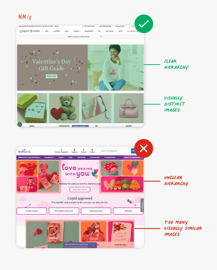NNgroup's tweet photo. Avoid too much imagery! Too many visuals can be distracting and cause each of them to be less impactful. Interested in get more tips for making images memorable &amp; understandable? Read our article: https://t.co/rZHLFdh9vM
#ux #uxdesign https://t.co/wYB0Y7XeL0