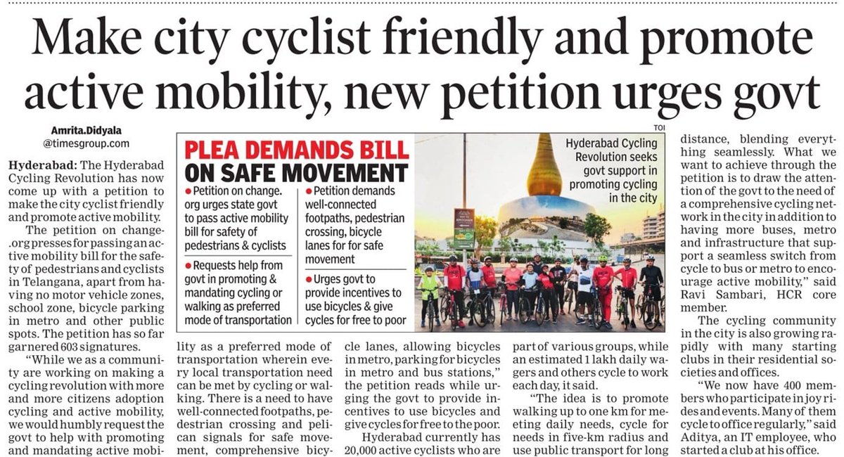 The petition on change.org presses for passing an #activemobilitybill for the safety of pedestrians and cyclists in #Telangana change.org/p/requesting-t… Thanks @TOIHyderabad @sselvan @BYCS_org @md_hgcl @HMDA_Gov @TelanganaCMO @Ravi_1836 @BicyclingNewsIn