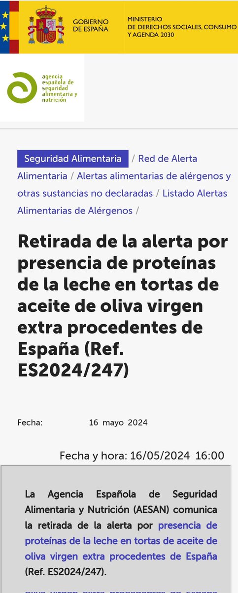 Retirada de la alerta por presencia de proteínas de la leche en tortas de aceite de oliva virgen extra. 
📌t.ly/igYbI
