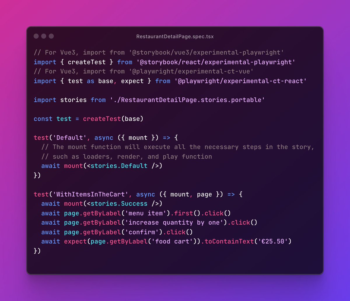 storybookjs's tweet image. Test your components with stories in @playwrightweb Component Tests!
🧳 Introducing the portable stories API
✍️ Write stories in Component Story Format
♻️ Re-use those stories in Playwright CT
🤝 Storybook & Playwright work well together
Available for React 18+ and Vue 3.
👇