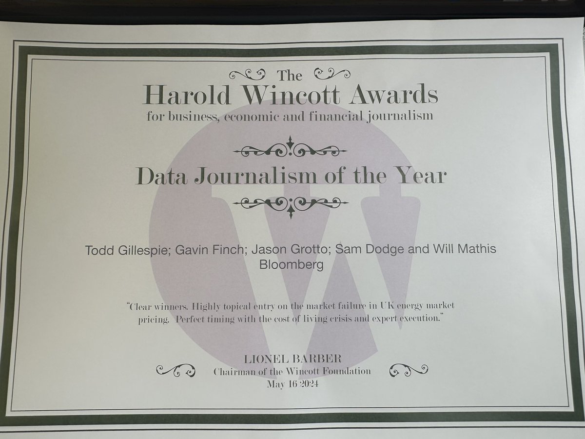Overjoyed to be named data journalist(s) of the year by @Wincottfound with @_ToddGillespie, @jasongrotto, @MathisWilliam, @alexcampbell, @ericfan_journo & Sam Dodge for exposing how Europe’s biggest energy firms saddled UK consumers with tens of millions in inflated costs.
