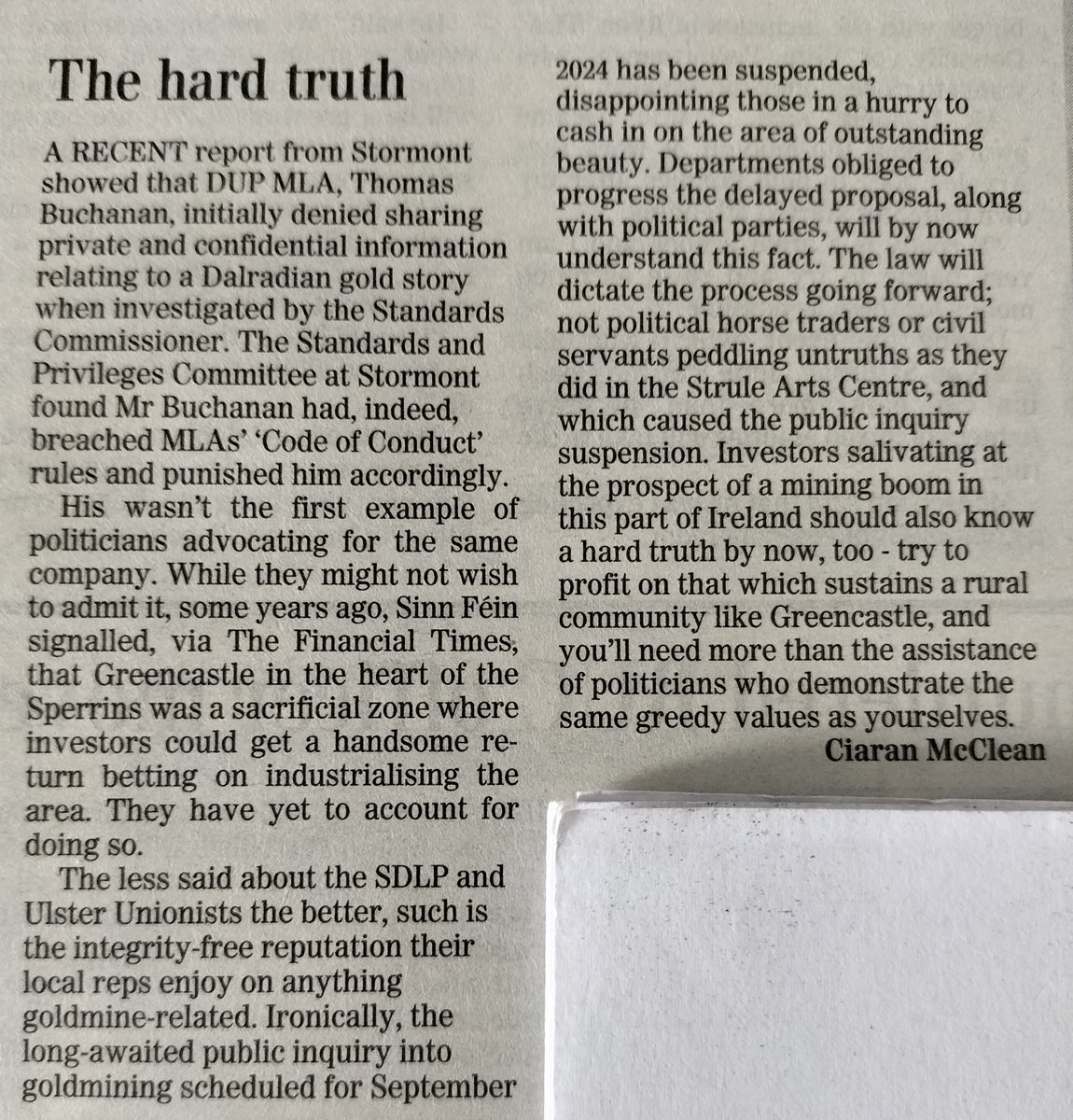 Letter in the Ulster Herald today laying it out straight to all political parties thinking of assisting goldmining in the Sperrins. @sinnfeinireland @duponline in particular.