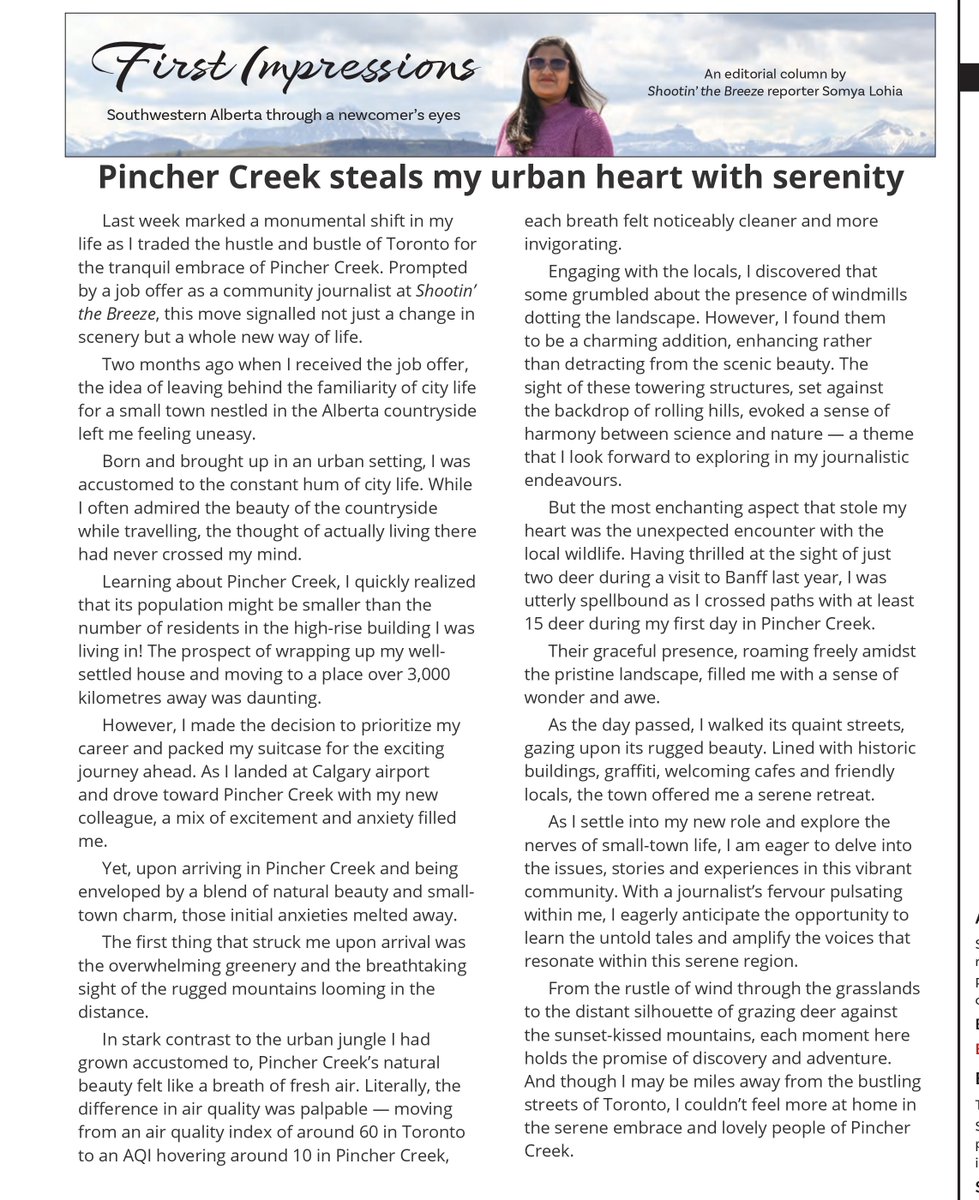 Delighted to share my first editorial piece at @thebreeze_ab, Canada, where I delve into my journey from the urban hustle of Toronto to the serene embrace of Pincher Creek.

#Canada #Journalist #Alberta