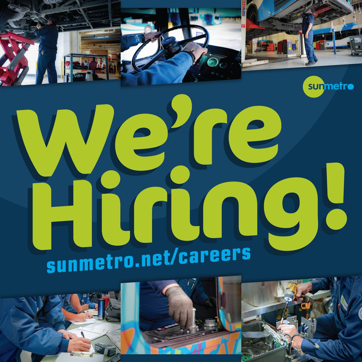 ✨We’re hiring! Open positions: • Facilities Maintenance Worker • Electronics Tech • Transit Safety & Security Officer • Fleet Service Worker • Fleet Services Assistant ☝🏽Search these at: bit.ly/3ykLrku How to apply: sunmetro.net/careers