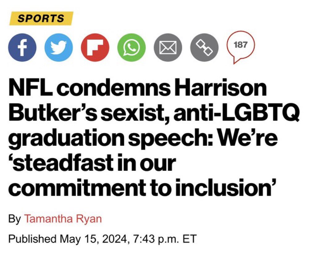 The NFL is silent all the time when their players beat their wives, get arrested and act like lunatics but go to a Catholic college and give a commencement speech that just adheres to conservative values and they’ll condemn you. Absolutely insane.