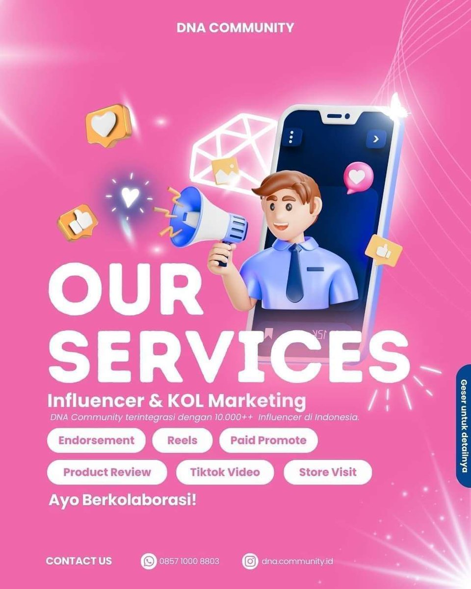 dnaindonesiaa's tweet image. 📌DNA Community Indonesia Menyediakan Jasa:📌
🔷Paket Endorsement
🔷Reels/Tiktok Video
🔷Paid promote
🔷Product Review
🔷Visit Store
.
Hubungi WA Admin: wa.me/+6282254557998🤗💖
.
#DNACommunity #influencermarketing #KOLAgency #KOLManagement #InfluencerMarketing