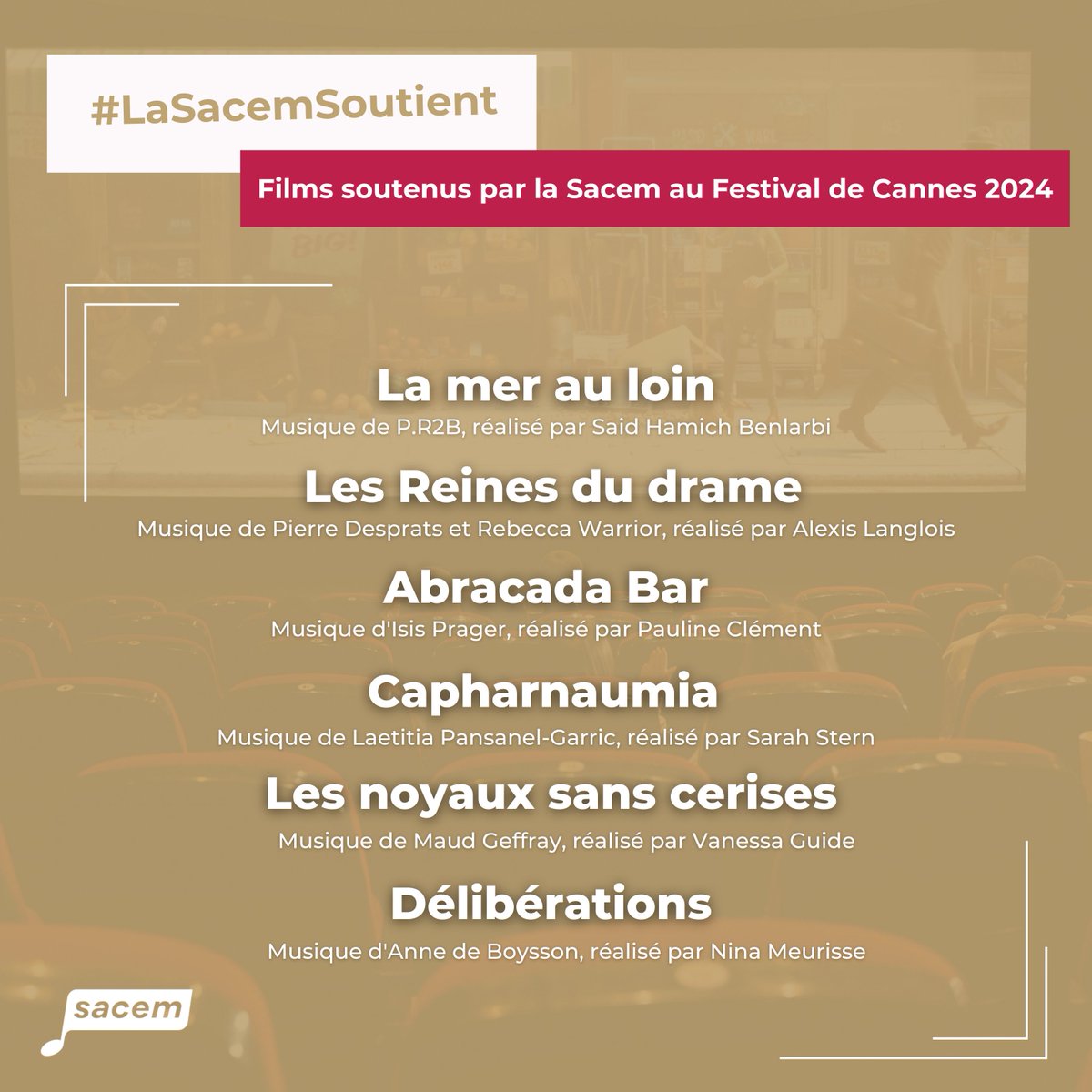🎬🎶 Voici la liste des films sélectionnés à Cannes que nous avons soutenus Grâce à notre programme 'Création de musique originale', cette année, nous avons soutenu et accompagné 12 films en compétition au @Festival_Cannes ✨ #Cannes2024 #LaSacemSoutient #PasDeFilmSansMusique