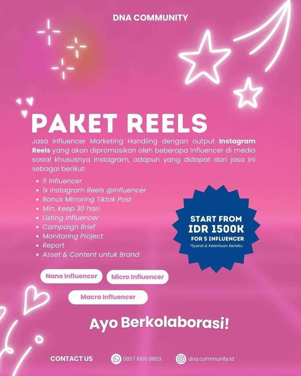 dnaindonesiaa's tweet image. 📌DNA Community Indonesia Menyediakan Jasa:📌
🔷Paket Endorsement
🔷Reels/Tiktok Video
🔷Paid promote
🔷Product Review
🔷Visit Store
.
Hubungi WA Admin: wa.me/+6282254557998🤗💖
.
#DNACommunity #influencermarketing #KOLAgency #KOLManagement #InfluencerMarketing