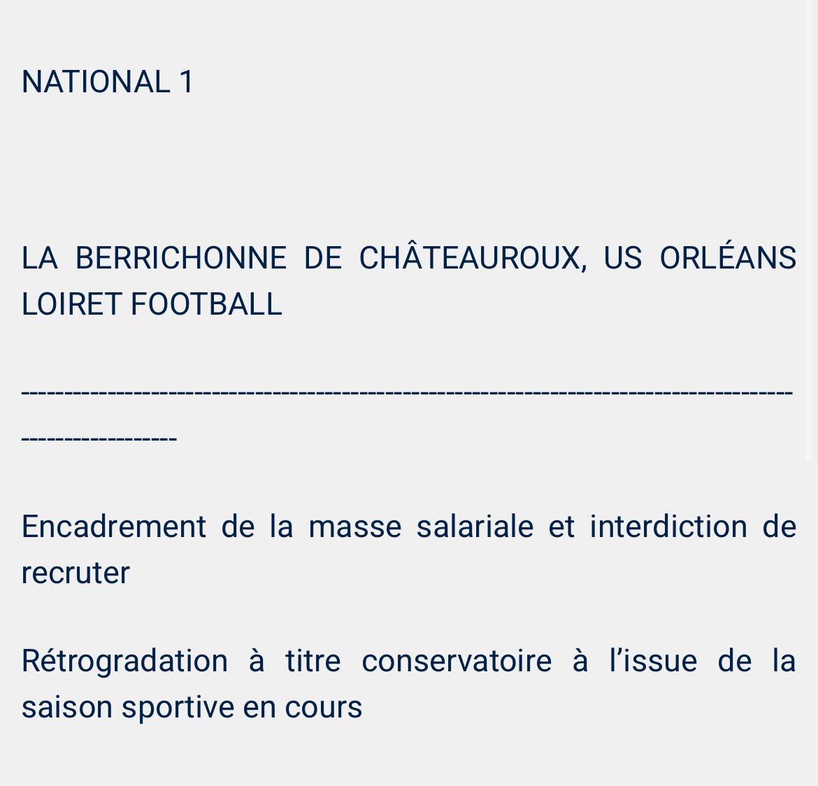 Ce qui est bien (ou pas) en Natuonal c’est que les 13 et 14e doivent rester 13 et 14e vu que devant eux, des clubs non relegables font l’objet d’une rétroaction à titre conservatoire à l’issue de la saison.

C’est à dire que y’aura bientôt des décisions définitives énoncées