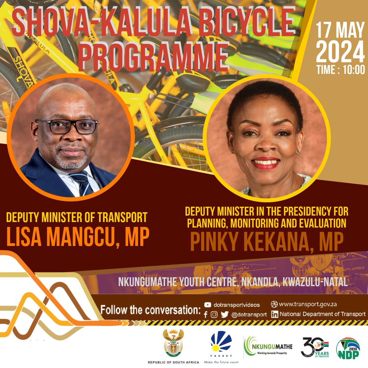 Our Deputy Minister Ms @pinky_kekana1 will join @Dotransport Deputy Minister Mr @MangcuLisa for the handover of laptops and bicycles to beneficiaries in Nkandla, KwaZulu-Natal province on Friday 17 May 2024. #SouthAfrica30 🇿🇦 #LeaveNoOneBehind