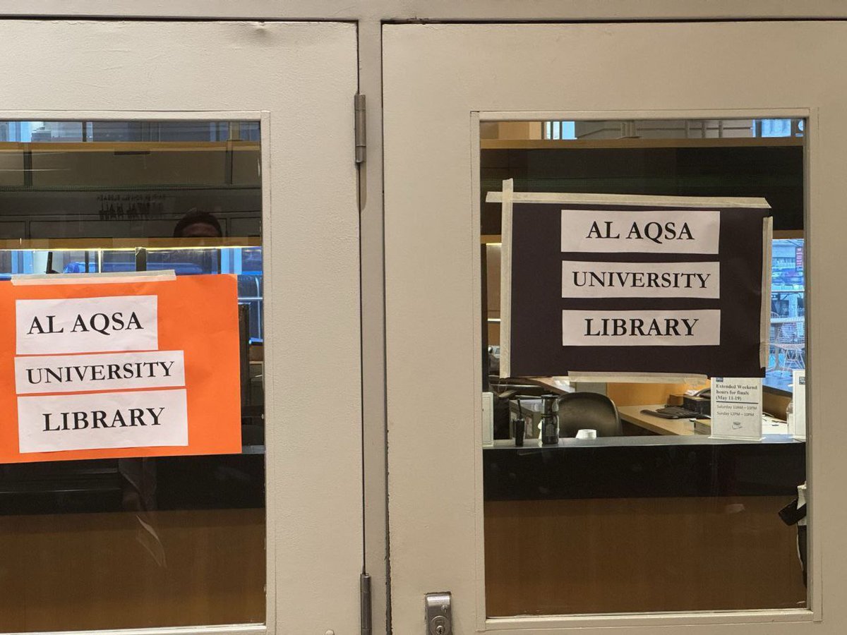 Welcome to Columbia University Library

Oops

I mean Al Aqsa University Library

Yup, Islam has taken control and books written by Jews and other infidels will soon be set on fire .

Notice the list of professors the students are hanging everywhere.
Can you find what's common for