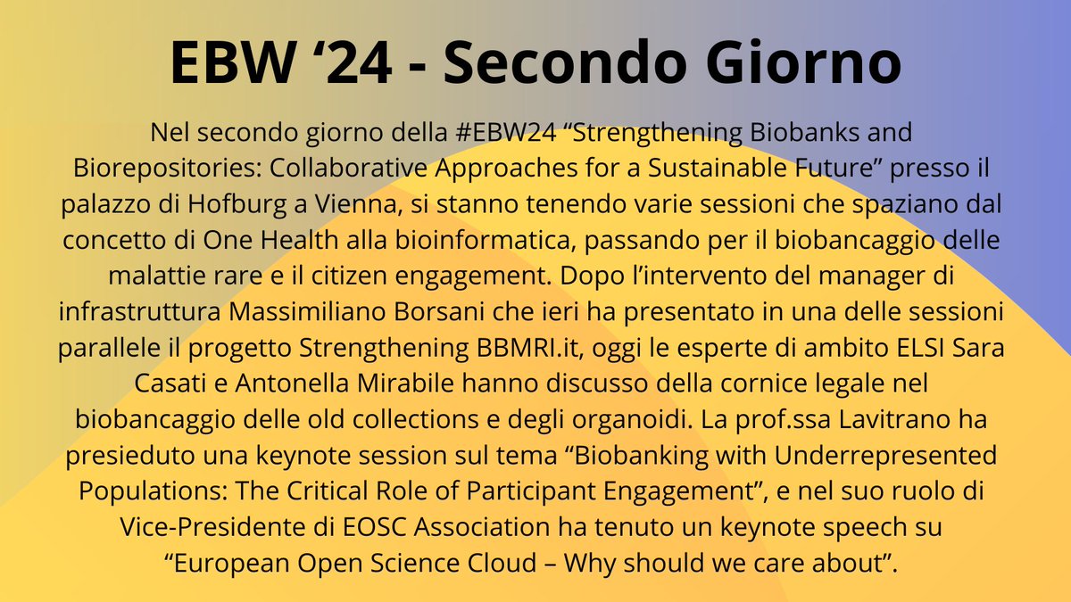 BBMRI_it (@bbmri_it) on Twitter photo The second day of #EBW24, featuring speeches by <a href="/LavitranoML/">Professor Marialuisa Lavitrano</a>, <a href="/MaxVBorsani/">Massimiliano Borsani</a>, Sara Casati, and Antonella Mirabile. More information in the images. The second day of #EBW24, featuring speeches by <a href="/LavitranoML/">Professor Marialuisa Lavitrano</a>, <a href="/MaxVBorsani/">Massimiliano Borsani</a>, Sara Casati, and Antonella Mirabile. More information in the images.