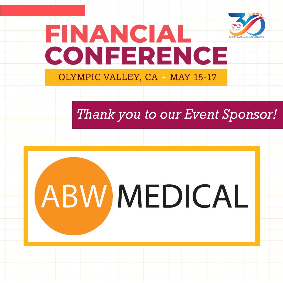A special thanks to our Event Sponsor ABW Medical for supporting 2024 CPCA Financial Conference! #CPCA24Finanical #CPCA #CaliforniaPrimaryCareAssociation #ABWMEDICAL