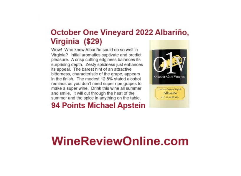 WineReviewOnlin's tweet image. WineReviewOnline.com Featured #Wine Review:
October One Vineyard 2022 Albariño, Virginia
@MichaelApstein 94 Points
"Initial aromatics captivate and predict pleasure. 
A crisp cutting edginess balances its surprising depth.  Zesty spiciness just enhances its appeal."