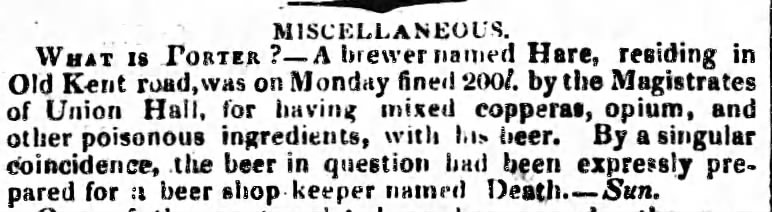 NEVER TAKE A BEER FROM A GUY NAMED DEATH. (Birmingham Journal 1809, via @_newspapers)