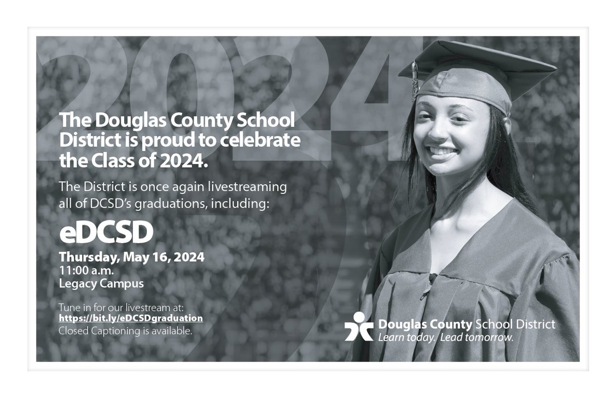 Congratulations Class of 2024 graduates! 🎓 🎉 Starts in one hour! eDCSD Thursday, May 16 at 11:00 a.m. DCSD Legacy Campus Livestream link: pulse.ly/swdczpvose Find all 2024 Graduation Ceremony information at pulse.ly/zqzabyivim