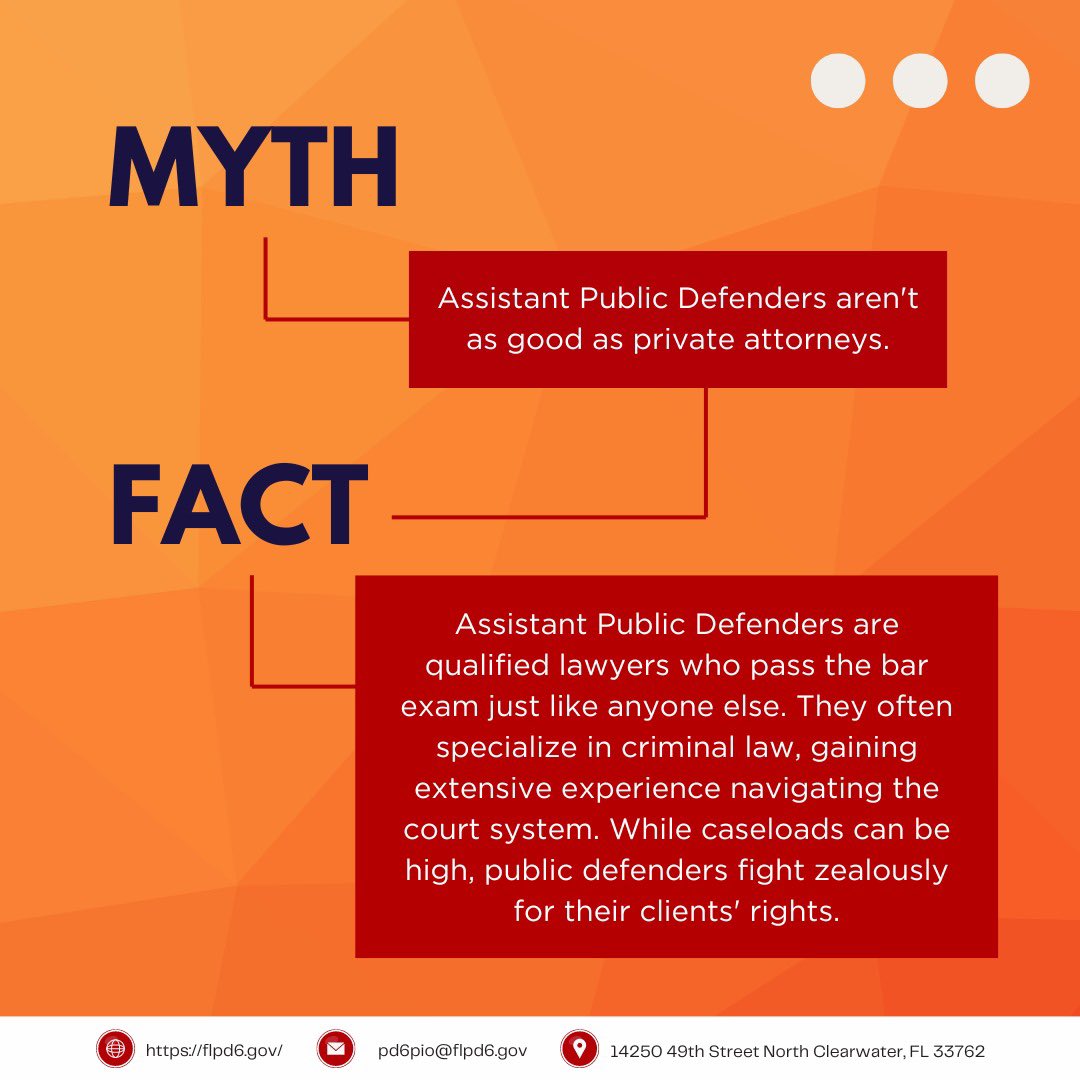 Assistant Public Defenders deal with a lot of misconceptions. Here's some common myths and the real deal:

#PublicDefenders #Myth #Fact #PD6SaraMollo