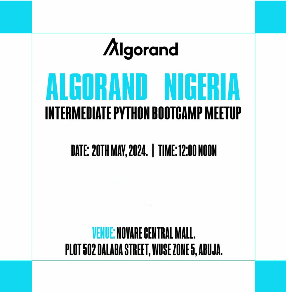 Algorand_NG's tweet image. Join us for the finale of our #PythonMay series with an in-person meetup in Abuja!
Secure your spot here:
lu.ma/u83ip1o2 

Event: Intermediate Python Meetup IRL
Date: Monday, May 20th,2024
Time: 12:00 noon 
#PythonOnAlgo