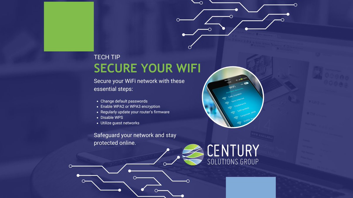 🔒📶 #TechTip: Secure your WiFi network with these simple steps!

1. Change default passwords
2. Enable encryption
3. Update firmware
4. Disable WPS
5. Use guest networks.

Stay safe and secure online! #WiFiSecurity #CyberSecurity 🛡️🔐