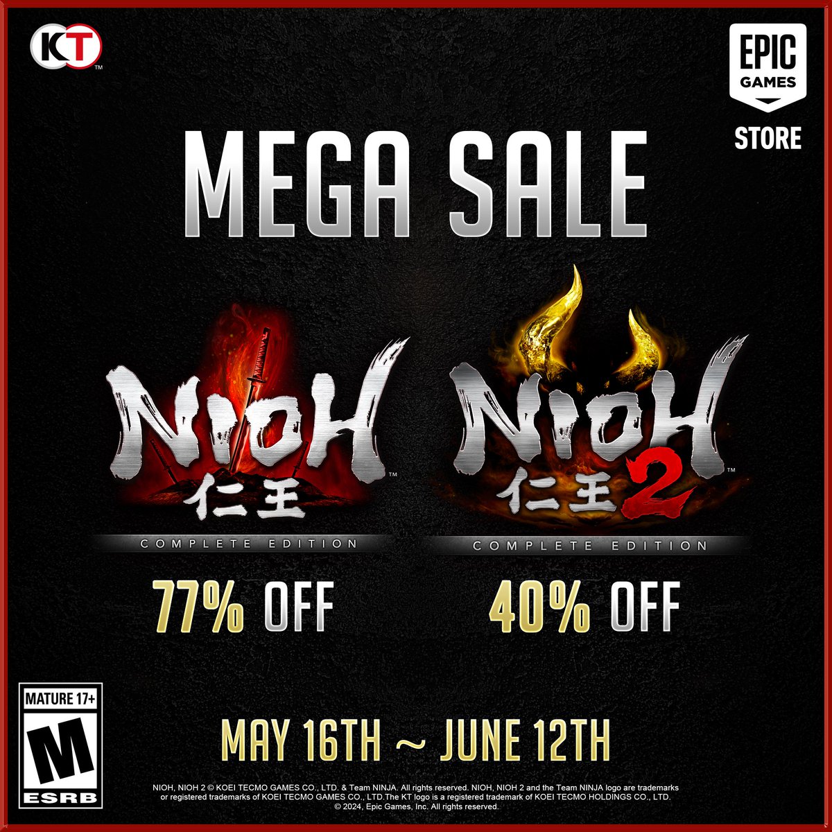 Nioh and Nioh 2 are discounted during the #EpicGames Mega Sale! Get them now on your Epic account before the sale is over. Sale ends June 12th. #NiohCE - tinyurl.com/42k3sk5n #Nioh2 - tinyurl.com/558jhx7h #Nioh #Nioh2 #PC