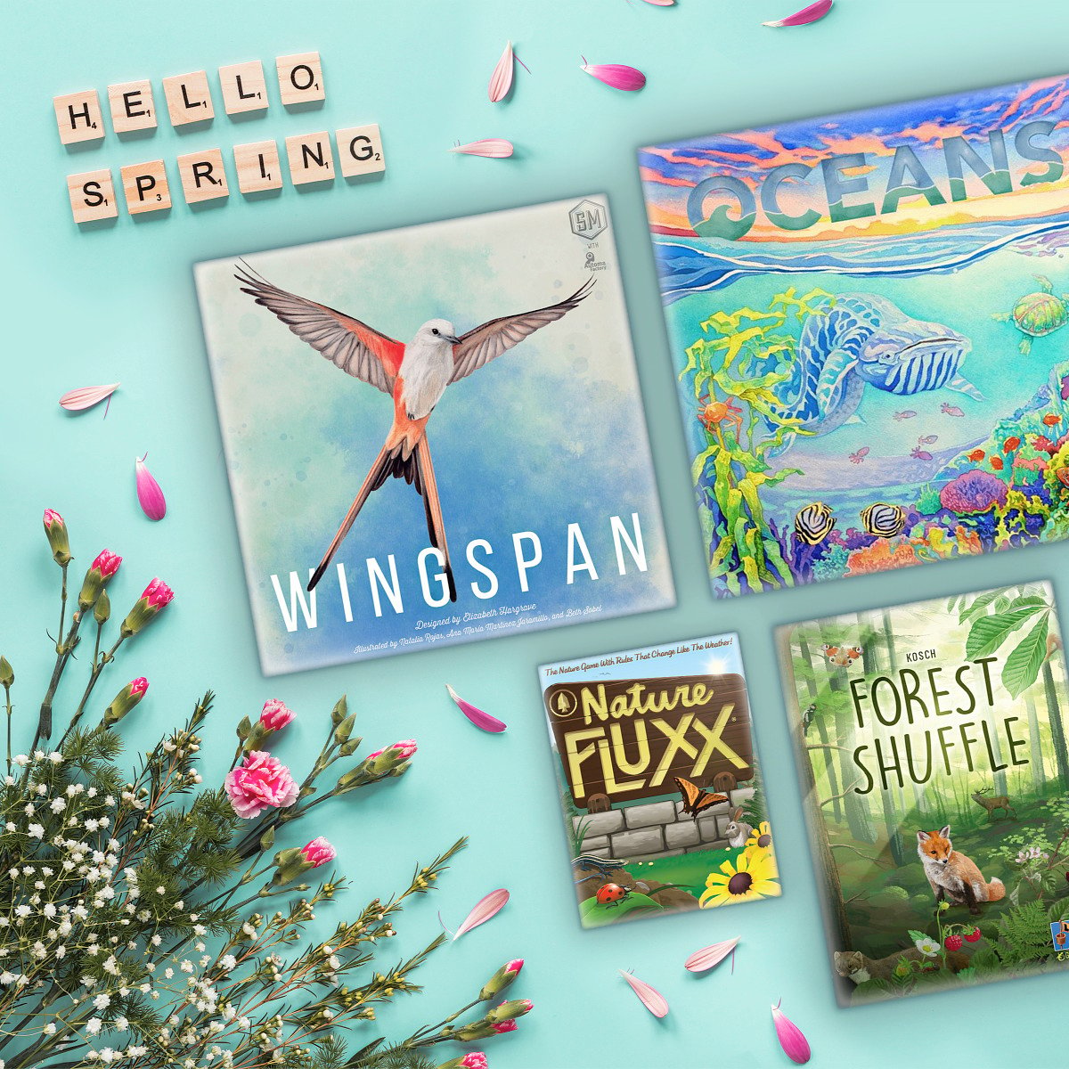 Enjoy the sweet blooms of nature this Spring with these outdoor themed games. Collect birds in Wingspan @StonemaierGames Dive into the depths of Oceans @NorthStarGames Create the best forest habitat in Forest Shuffle @LookoutSpiele Change the rules in Nature Fluxx @LooneyLabs