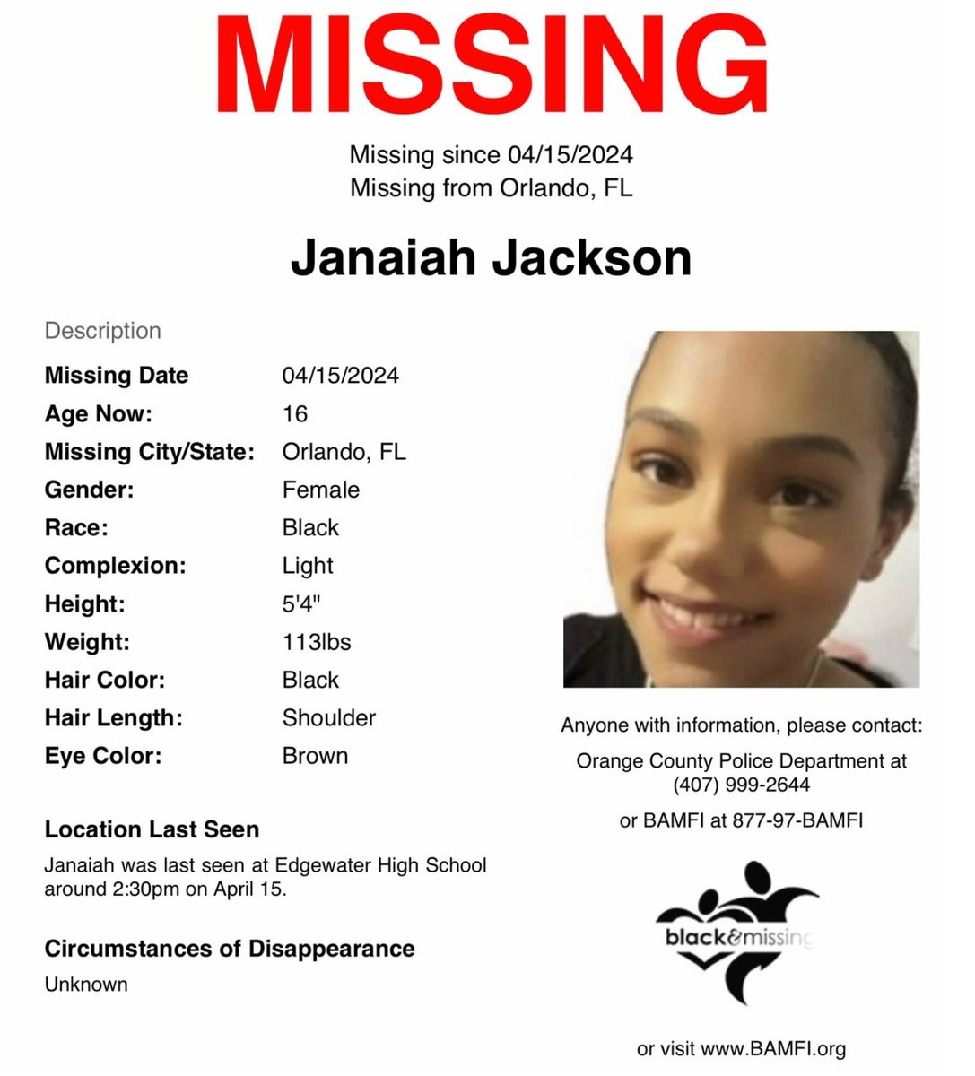 #JanaiahJackson #Missing since 4/15/24.
Black with light complextion, she is 16, 5'4, 113 lbs has shoulder length black hair & brown eyes.

When Ja'Naiah was last seen, she was wearing black sweatpants, a black hoodie, white & black shoes.

Orlando PD 321-235-5300.
#MissingTeen