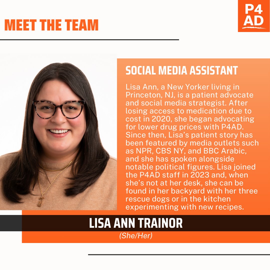 👋 Hello from Lisa Ann Trainor, P4AD's Social Media Assistant! Lisa works with the Social/Digital team to plan & create strategic content focused on patient stories. An advocate for lower drug prices, she knows how patients can inspire change. Say hi to Lisa in the comments! ⬇️