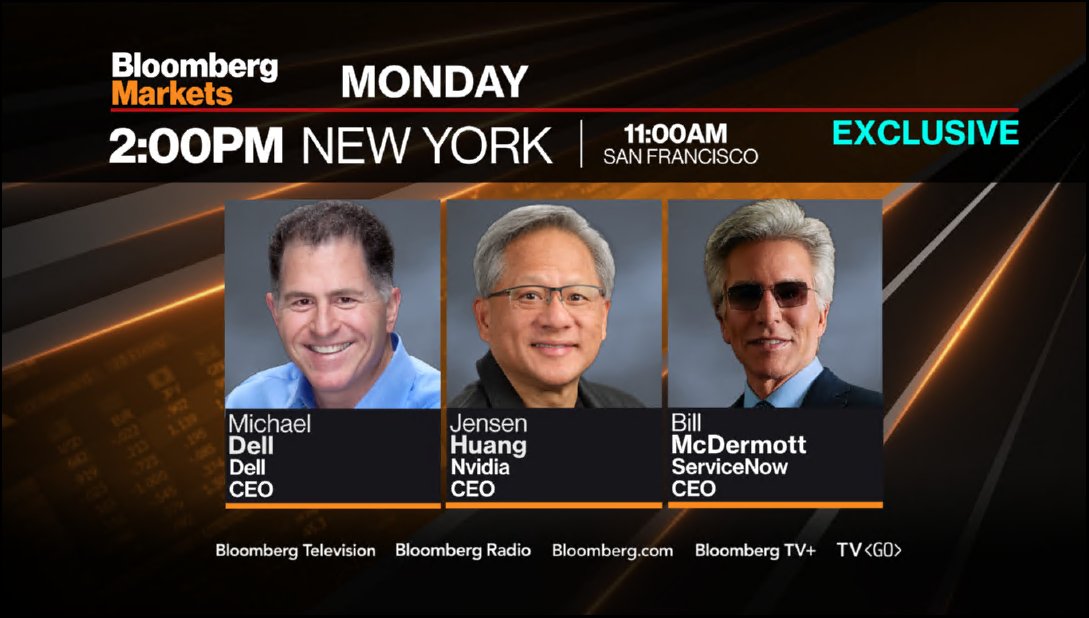 Monday: Michael Dell, Jensen Huang and Bill McDermott join me live from Las Vegas for an extended, joint interview. AI in all its forms. Join us after 11amPT/2pmET on @BloombergTV from #DellTechWorld