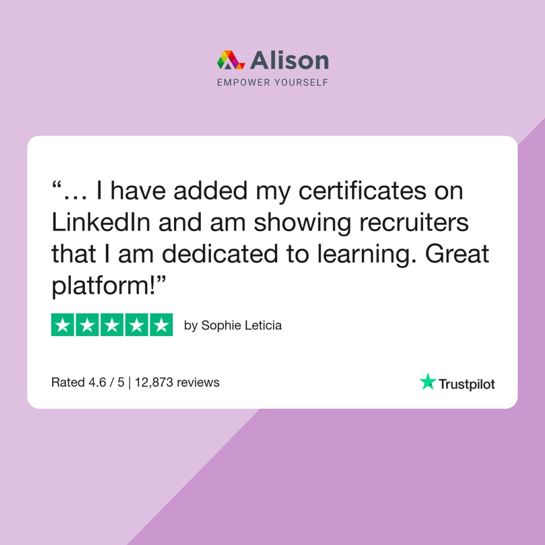Showing off your #skills has never been easier! 🚀 Take a page out of Sophie's book by showcasing your dedication to learning. Sign up and start learning for free - ow.ly/mGsC50REcfm. #CareerSuccess #CareerGrowth #SuccessStory #FreeOnlineCourses #Alison #EmpowerYourself
