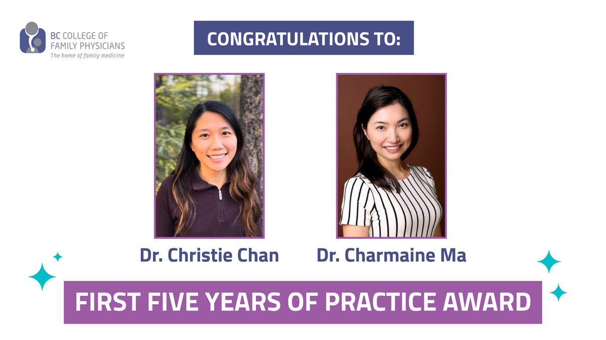 The First Five Years of Practice Award recognizes outstanding accomplishments of early-career BC family physicians. This year's recipients are Dr. Charmaine Ma and Dr. Christie Chan! #BCCFPAwards24 To learn more about Drs. Chan and Ma, visit: bccfp.bc.ca/awards
