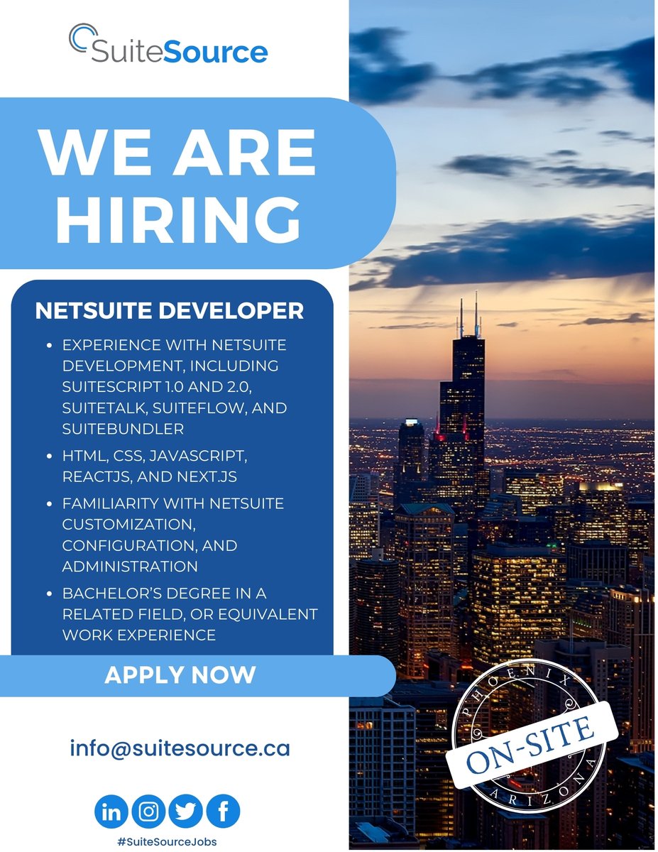 Our client is looking for a #NetSuite Developer to join their team. Apply to this #OnSite opportunity in #Scottsdale #Arizona by email or on our career portal: ow.ly/TUxi50RxwQ9? #SuiteSourceJobs #Hiring #Apply #Applynow #Opportunity #Developer