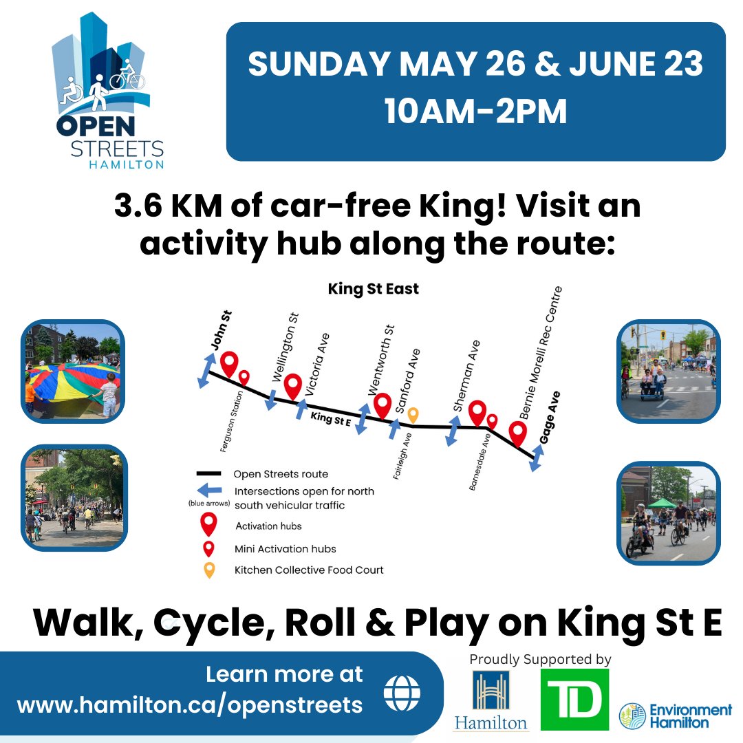 We’re part of Open Streets Hamilton 2024! This Sun. May 26 and Sun. June 23 2024 from 10am-2pm, King St E will open for you to walk, cycle, roll and play. Come aboard our bus and celebrate HSR's 150 anniversary with us! Join us for a vibrant experience. #OpenStreetsHamilton