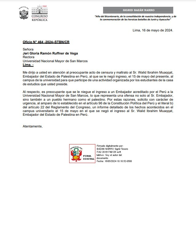 Acabo de oficiar a la rectora Jeri Ramón para explique las razones por las que ayer le negaron el ingreso al Embajador de Palestina en Perú, Walid Muaqqat, a las instalaciones de la UNMSM. Esto representa una ofensa no solo al señor embajador, sino también al pueblo palestino.