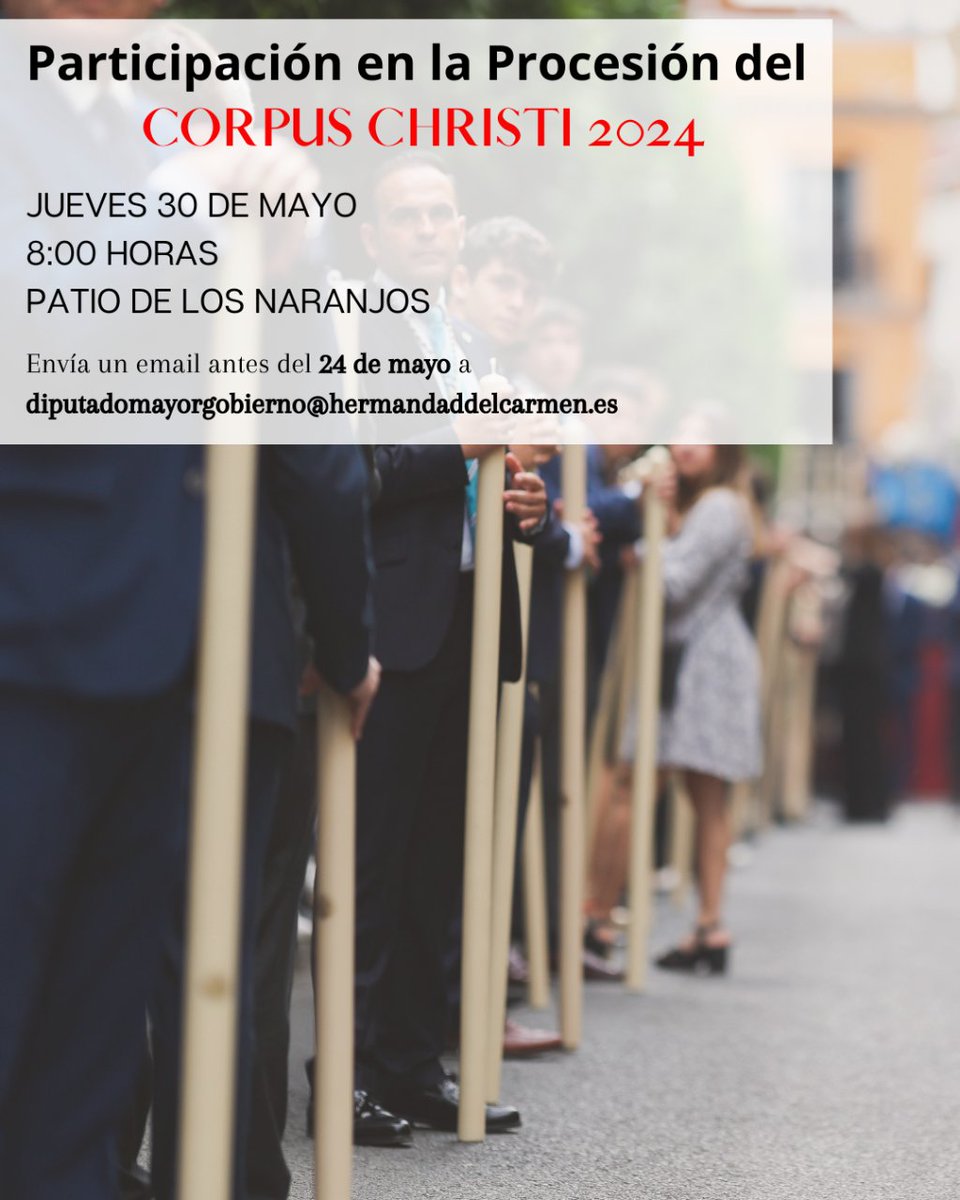 CORPUS CHRISTI | Nuestra Hermandad asiste corporativamente el próximo jueves 30 de mayo a la Solemne Procesión del #CorpusSevilla24.

Aquellos hermanos que deseen formar parte del cortejo, deberán solicitarlo por e-mail antes del 24 de mayo.

#SomosElCarmen