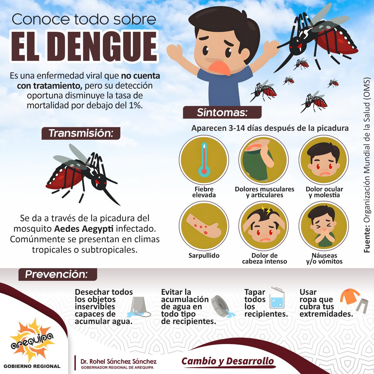 ☝️📌 🦟 El dengue es una enfermedad viral transmitida por la picadura del mosquito Aedes Aegypti, conocido como el mosquito “hogareño” por sus hábitos domiciliarios. Es de color oscuro con franjas y manchas blancas y se cría en recipientes con agua. #Arequipa #Salud #Prevención