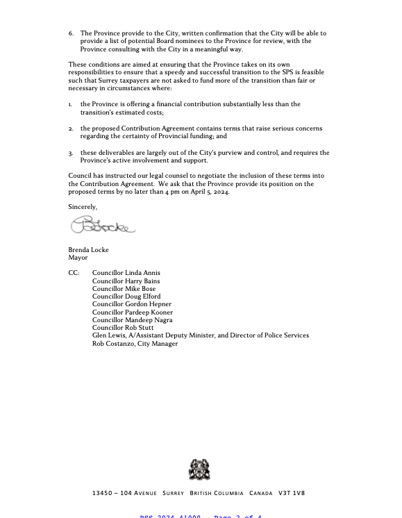 Remember when @mikefarnworthbc gave Surrey a deadline to accept BC's $250m 'final offer' on policing and was surprised Mayor Brenda Locke rejected it April 9? Turns out, she HAD accepted the deal initially, then changed her mind. Here's the letter (had to file $10 FOI to get it)