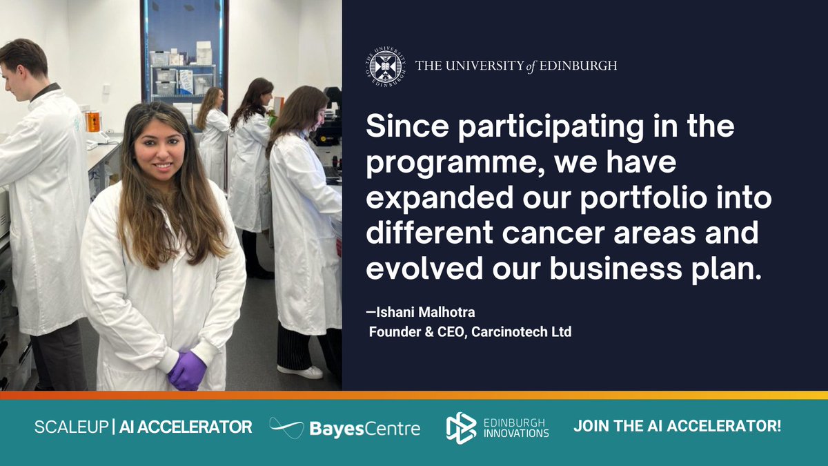 Meet Ishani Malhotra of #Carcinotech, a scaleup that's redefining cancer treatment through AI and bioprinting, thanks to @EdinburghUni AI Accelerator. 🔗 Dive into their success story:  edin.ac/4bpntmY 📅 Apply to the AI Accelerator! #healthtech @EdinInnovations