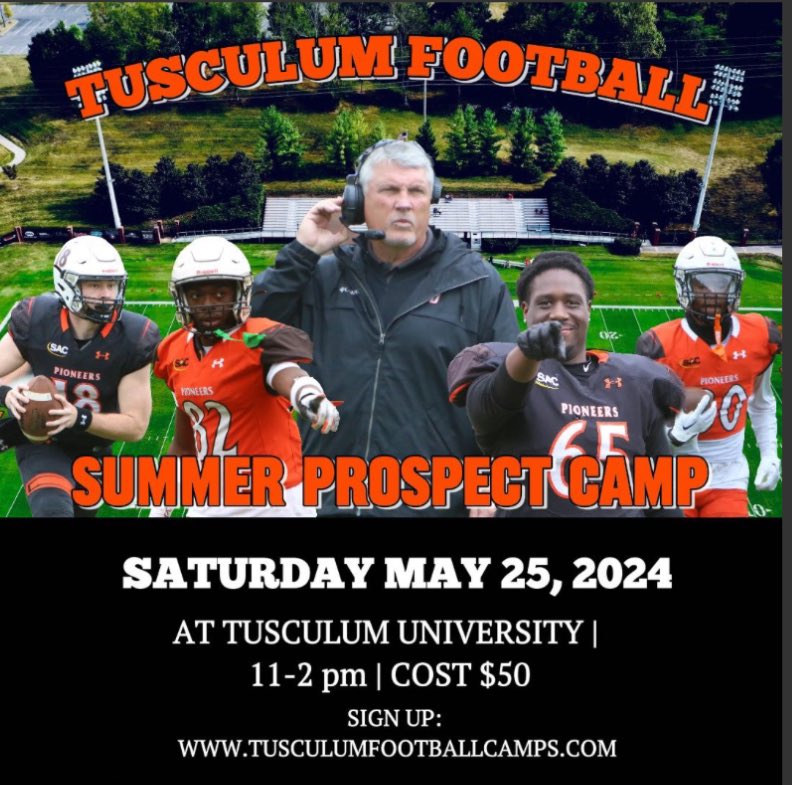 Class of 25-28 we are 8 days away and spots are filling up fast! Don’t miss out on this opportunity to come showcase your abilities in front of our coaching staff!!! Register at tusculumfootballcamps.com