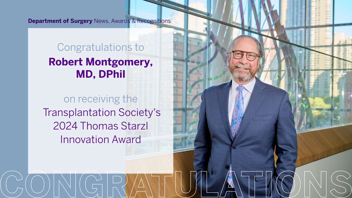 Congratulations to our Chair of Surgery, Dr. Robert Montgomery, on receiving the @TTS 2024 Thomas Starzl Innovation Award! #NYUSurgery #transplantsurgery #TTS