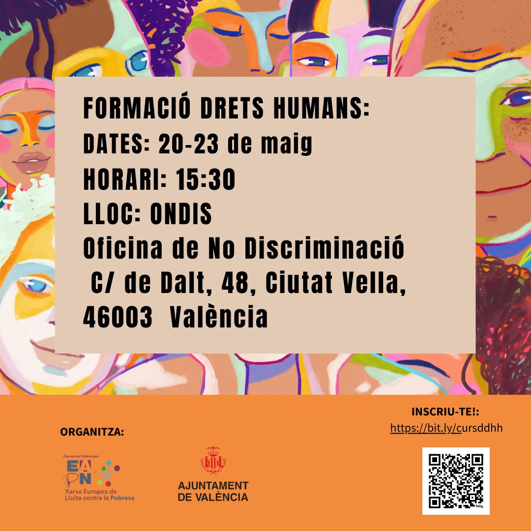 AjuntamentVLC's tweet photo. 🌎Organitzem, en col·laboració amb @xarxaeapncv, el curs "Forma't en drets, tomba les barreres" per a promoure la defensa dels #DDHH i la no discriminació.

📍 #ONDIS

📅 Del 20 al 23 de maig

🔗https://t.co/N0G3TLRl9q https://t.co/C19hIRnop2
