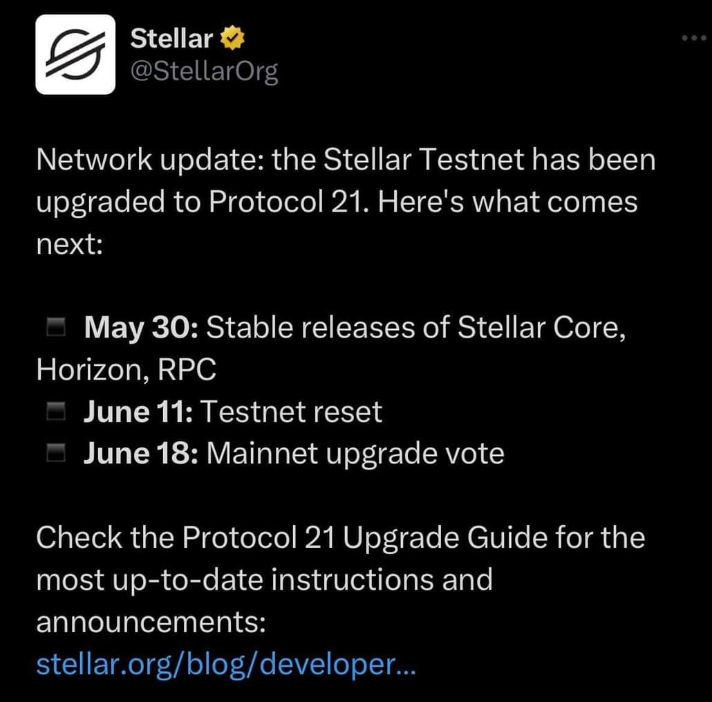 News pi 24/7 🌍🎉👍🔜 #Stellar Testnet has been upgraded to Protocol 21. ▪️ May 30: Stable release of Stellar Core, Horizon,RPC ▪️ June 11: Testnet reset ▪️ June 18: Vote to upgrade Mainet, Possibly at the same time Pi upgrades to V21. Then O.M exploded 💥 #Picoteam Merge