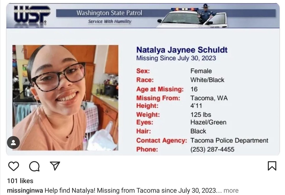 #NatalyaJayneeSchuldt #missing since 7/30/23 Mixed race, 16, 4'11, 125 lbs, Hazel/Green eyes, Black hair. She's been missing from #Tacoma, #Washington. Her family started a gofundme page to raise enough to hire a private investigator. gofund.me/2dd480ef