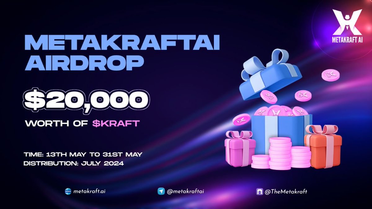 New #airdrop: Metakraft Reward: $20,000 in tokens News: VirtualLabs, UltRade Distribution date: July 20th 🔗Airdrop Link: t.me/MetakraftAIAir… 1: Start the Bot by clicking 'Start' Button and playing the game 2: Try play game and completing daily tasks to get more tokens
