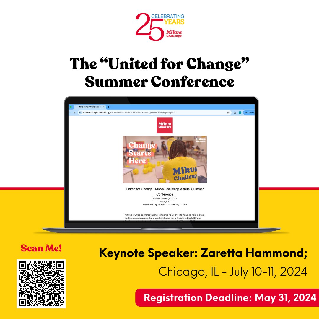 Don't miss out on Mikva Challenge's 'United for Change' conference! By attending, you'll gain practical tools and strategies for fostering inclusive classrooms, culturally responsive leadership & restorative justice! Register by 5/31 to join us this July! bit.ly/4a2pNP1